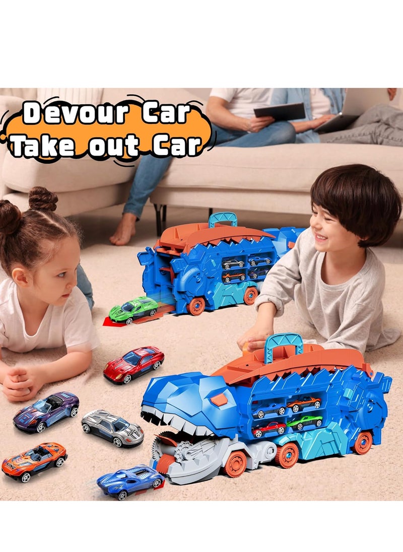 Transporter Dinosaur Truck Toy, Cars Track Set Dinosaur Transporter Truck with 8 Die-Cast Car Toys, Transforms into Dino, Transform Car Toys Gifts Set for Kids Boys Girls