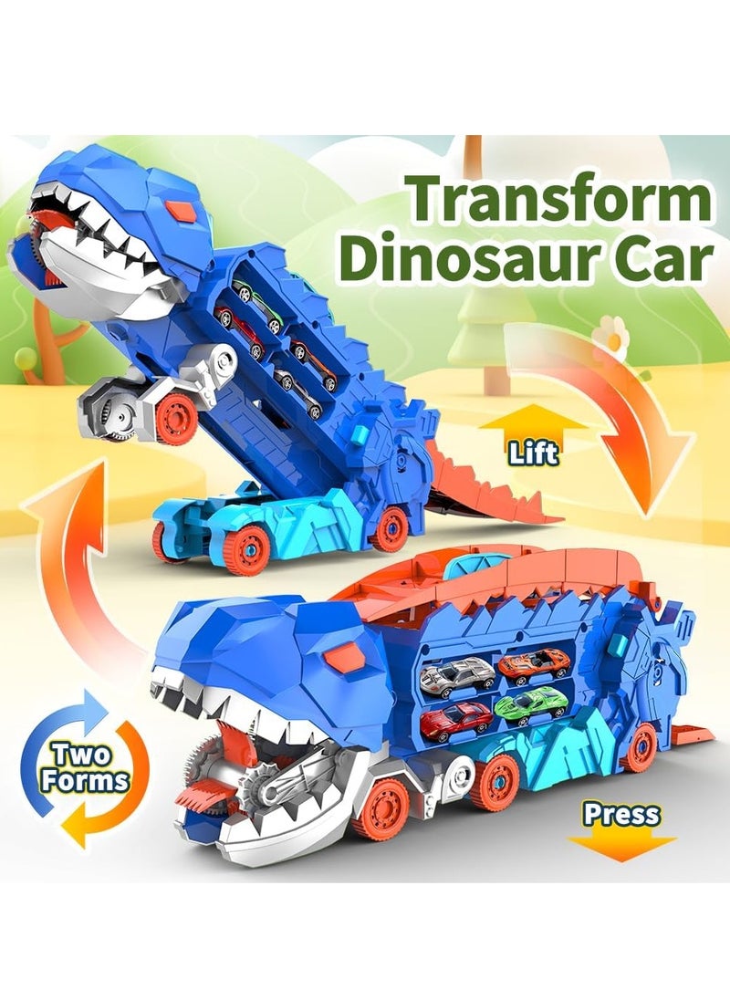 Transporter Dinosaur Truck Toy, Cars Track Set Dinosaur Transporter Truck with 8 Die-Cast Car Toys, Transforms into Dino, Transform Car Toys Gifts Set for Kids Boys Girls