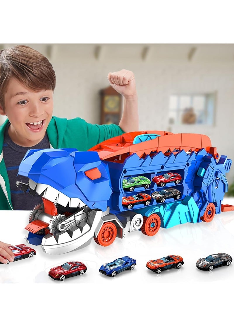 Transporter Dinosaur Truck Toy, Cars Track Set Dinosaur Transporter Truck with 8 Die-Cast Car Toys, Transforms into Dino, Transform Car Toys Gifts Set for Kids Boys Girls