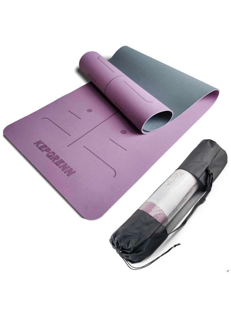 Yoga Mat, TPE Pilates Gym Exercise Mat Non-Slip Fitness Mat with Body Line and Carry Bag (Purple)