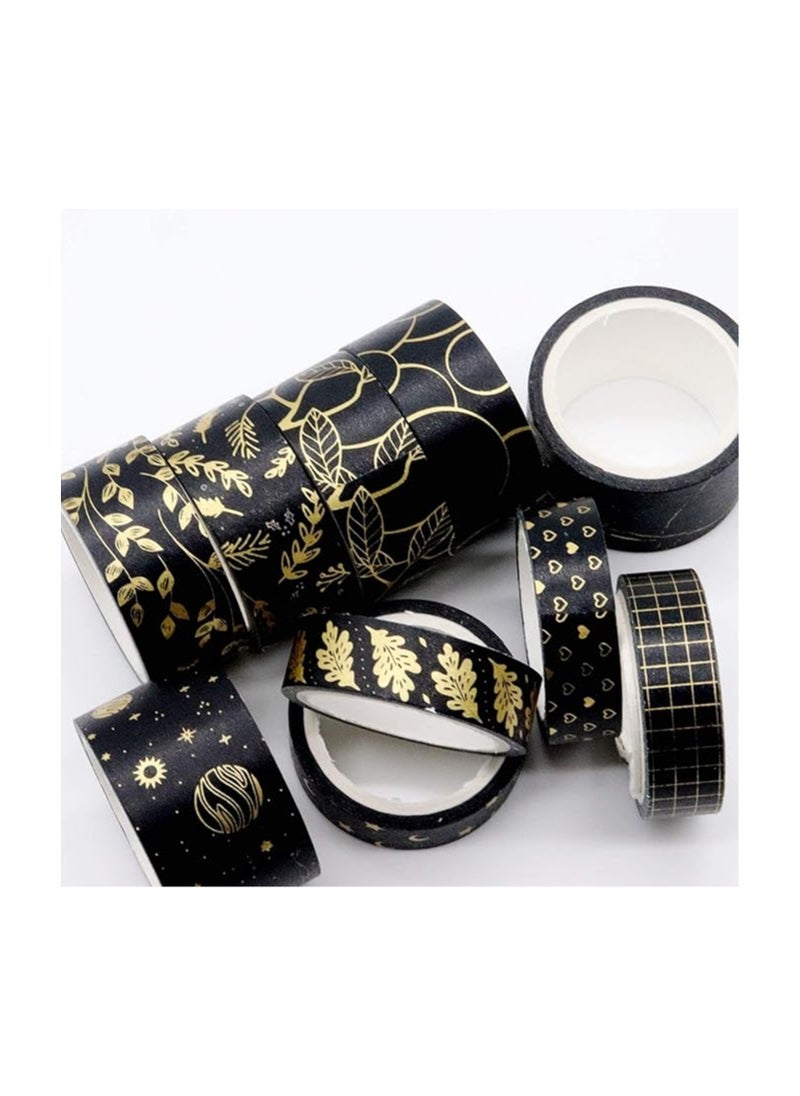 Lakeer 10 Rolls Washi Tape Set Golden Foil Decorative Japanese Masking Paper Tape for Scrapbooking, Planners, Card/Gift Wrapping, DIY Decor and Craft Supplies (Black)