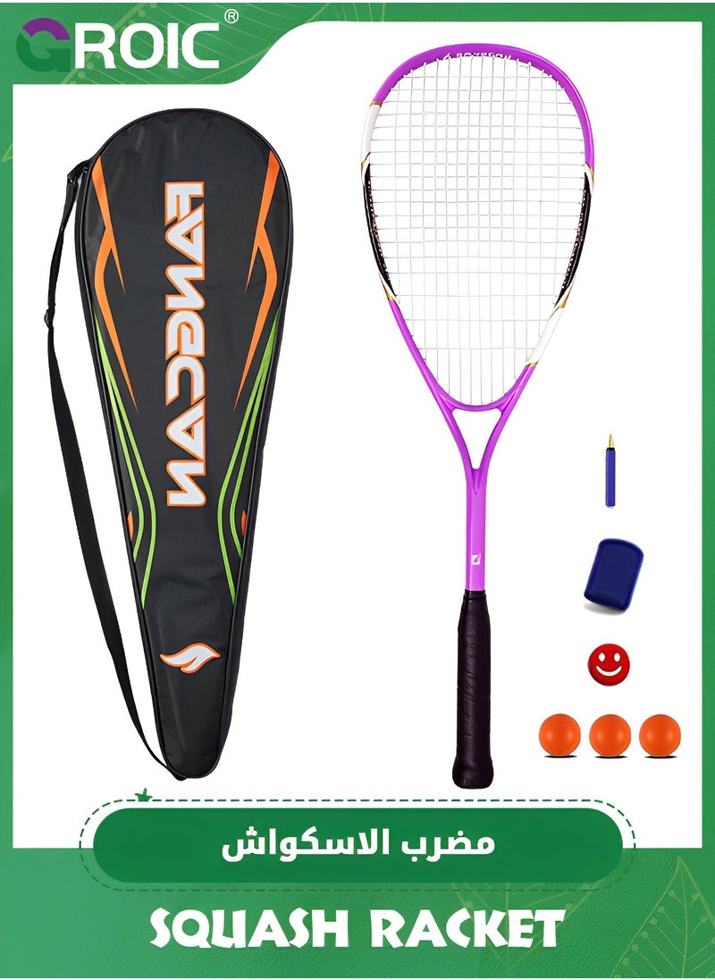 1 Piece Squash Racket Set, 27 Inch Squash Racket Tennis Racket for Beginner and Professional with 3 Squash Balls, 1 Handles Grips, 1 Tennis Bag, 1 Vibration Damper, 1 Sports Wristband, Purple Racket