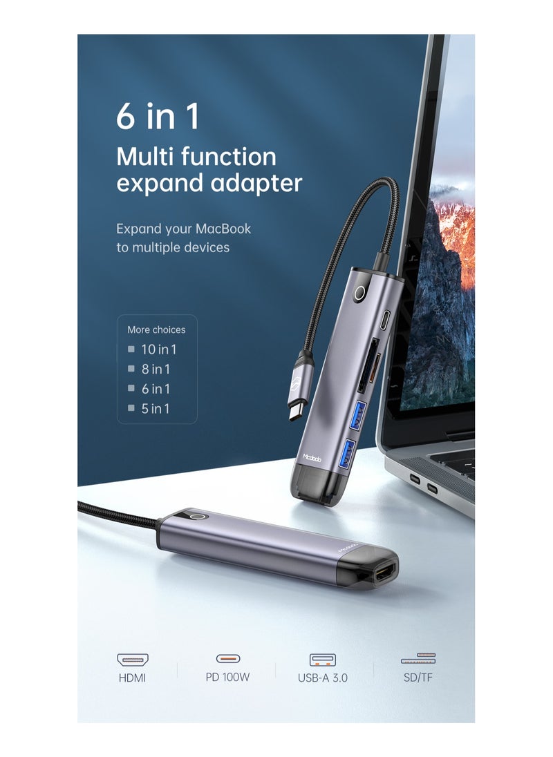 6 In 1 USB C Hub Multiports Type C Dock to HDMI Adapter With 4K HDMI SD TF Card Reader Slots 3 USB 3.0 Ports For MacBook Pro Air M3 M2 M1 iPad Pro M4 iPhone 16 15 Pro Max Galaxy S24 S23 Ultra Silver