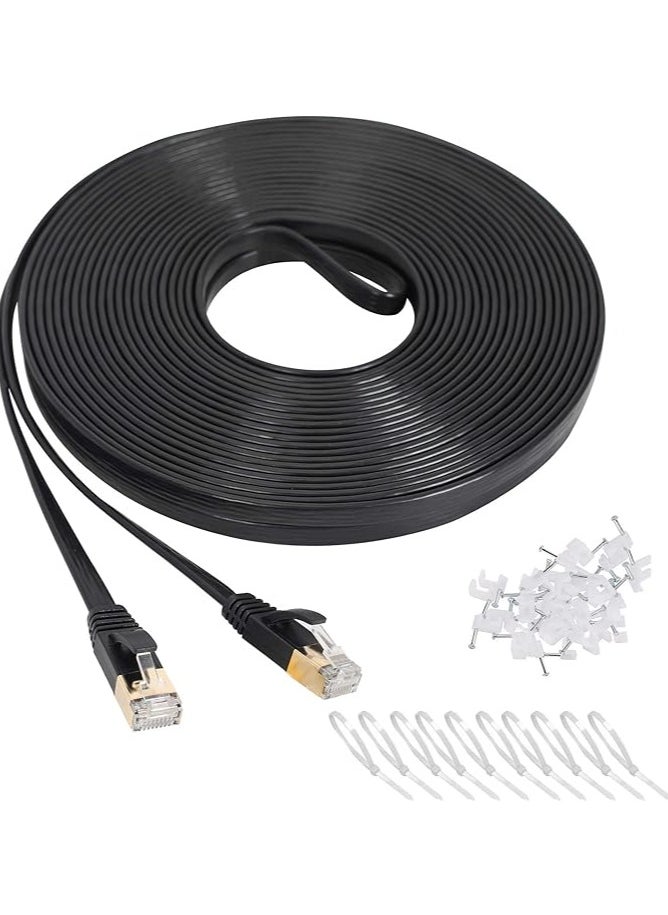 Cat7 Ethernet Cable 15M Black High Speed SSTP Flat Patch Cord, Faster Than Cat5e/Cat6, Internet LAN Computer Cable, Suitable for LAN, Camera, Router, Modem (15M)