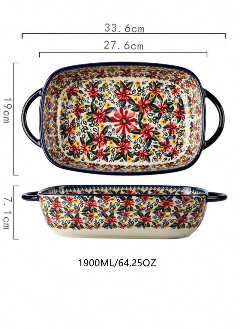 Elegant Hand-Painted Polish Ceramic Bakeware and Tableware Set - Vintage Rectangular Casserole Dish with Double Handles, Embossed Bohemian Design, Oven, Microwave & Dishwasher Safe, Ideal for Baking, Cooking, Serving, and Hosting Parties