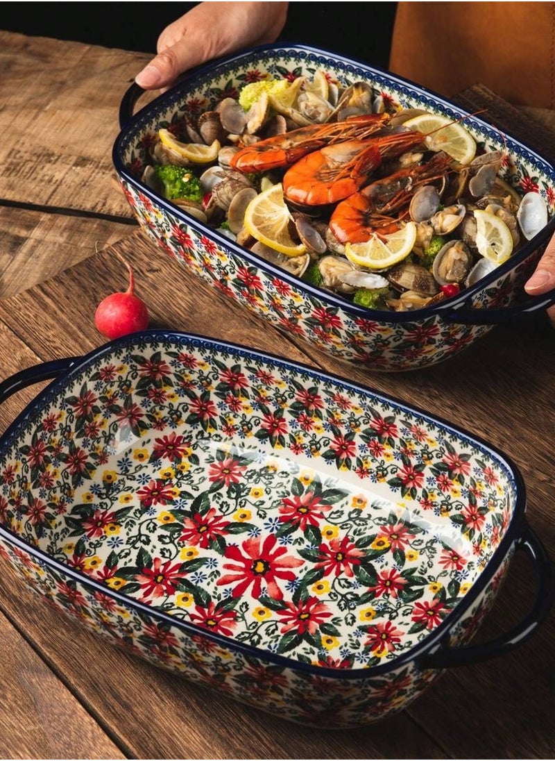 Elegant Hand-Painted Polish Ceramic Bakeware and Tableware Set - Vintage Rectangular Casserole Dish with Double Handles, Embossed Bohemian Design, Oven, Microwave & Dishwasher Safe, Ideal for Baking, Cooking, Serving, and Hosting Parties