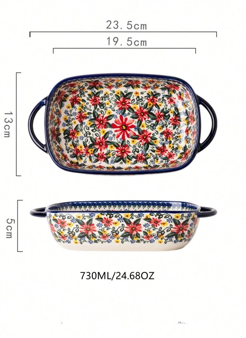 Elegant Hand-Painted Polish Ceramic Bakeware and Tableware Set - Vintage Rectangular Casserole Dish with Double Handles, Embossed Bohemian Design, Oven, Microwave & Dishwasher Safe, Ideal for Baking, Cooking, Serving, and Hosting Parties