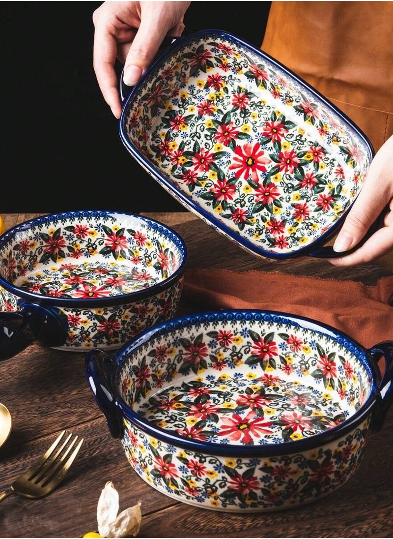 Elegant Hand-Painted Polish Ceramic Bakeware and Tableware Set - Vintage Rectangular Casserole Dish with Double Handles, Embossed Bohemian Design, Oven, Microwave & Dishwasher Safe, Ideal for Baking, Cooking, Serving, and Hosting Parties