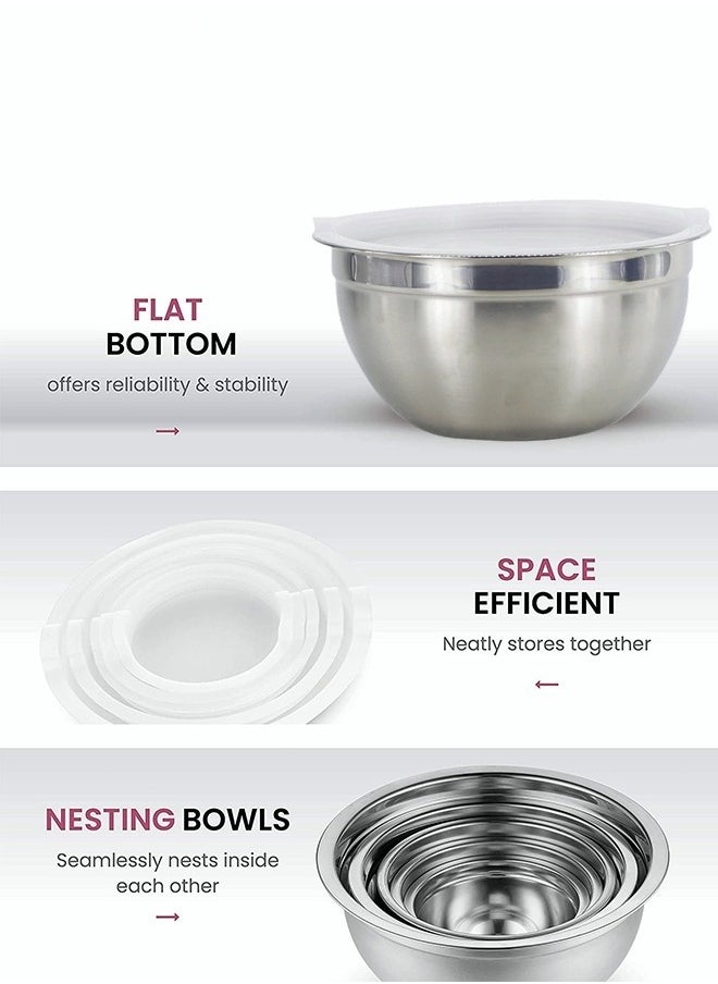 5 Pieces Mixing Round Bowl Stainless Steel Mixing Bowl Set With Lid Salad Dough Baking Bowl Silver 18 20 22 24 26 Cm Set Bowl