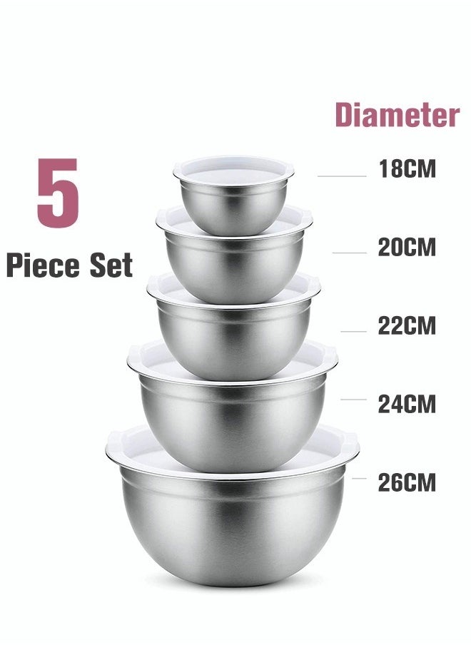 5 Pieces Mixing Round Bowl Stainless Steel Mixing Bowl Set With Lid Salad Dough Baking Bowl Silver 18 20 22 24 26 Cm Set Bowl