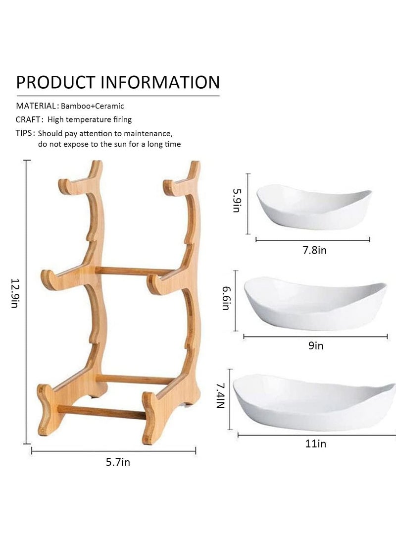 3 Tier Fruit Bowl, Ceramic Oval Fruit Tray with Bamboo Rack, Food Serving Tray for Fruit Snacks Dessert Candy