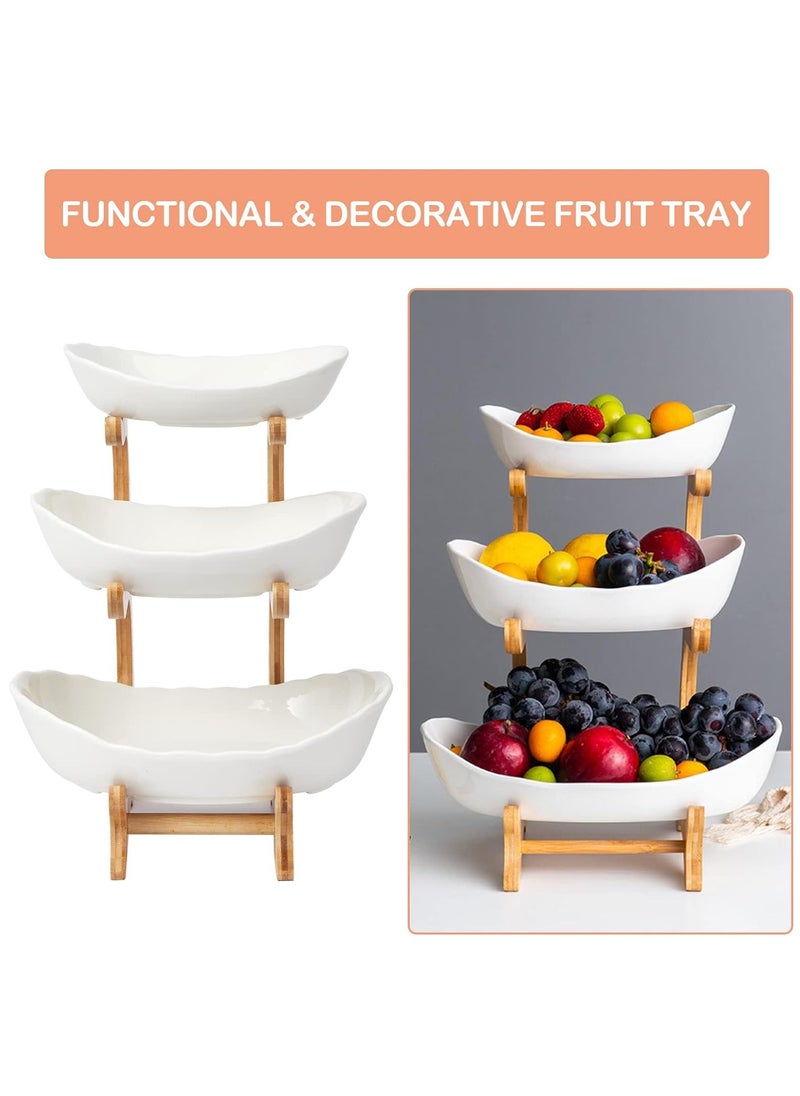 3 Tier Fruit Bowl, Ceramic Oval Fruit Tray with Bamboo Rack, Food Serving Tray for Fruit Snacks Dessert Candy