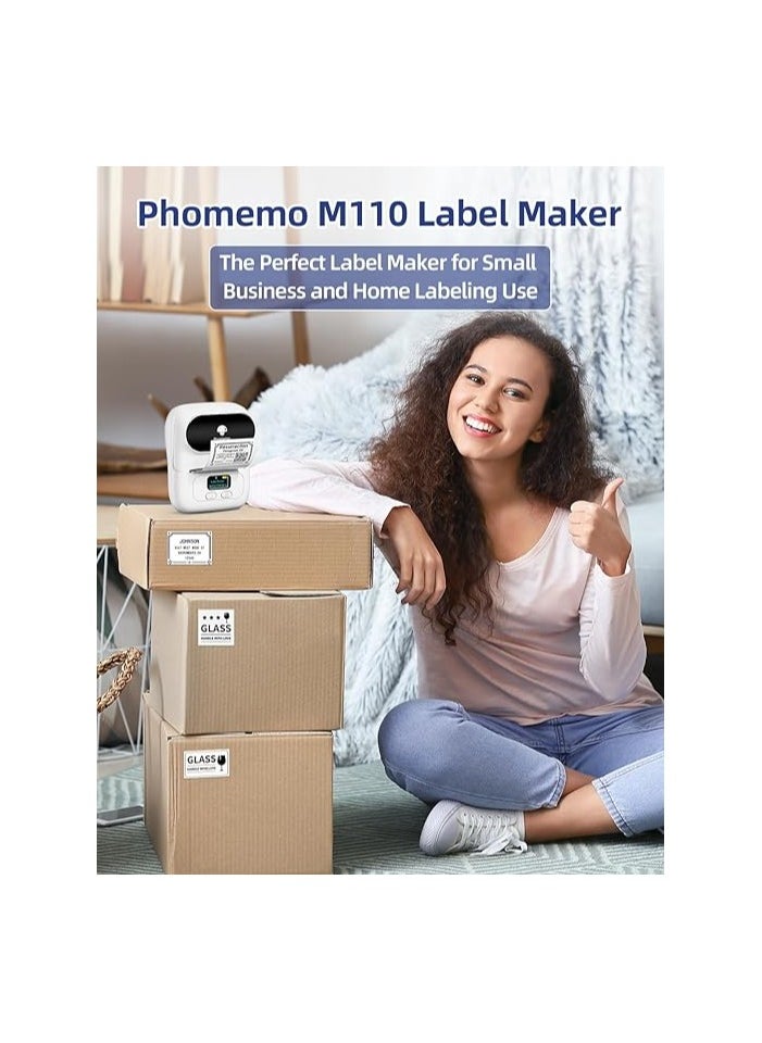 Phomemo-M110 Label Printer- Portable Bluetooth Thermal Mini Label Maker Printer Apply to Labeling, Office, Cable, Retail, Barcode, Compatible with Android & iOS System,with 1 40×30mm Label,White