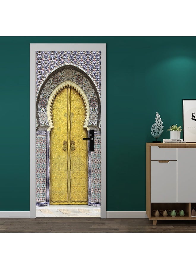 3D Door Stickers for Interior Doors Moroccan Style Ancient Water Fountain with Colorful Mosaic Tiles Vinyl Removable Self Adhesive Door Poster Wallpaper Mural Decals for Bedroom 77 x 200 cm