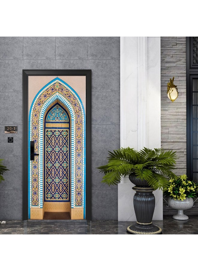 3D Door Stickers for Interior Doors Moroccan Style Ancient Water Fountain with Colorful Mosaic Tiles Vinyl Removable Self Adhesive Door Poster Wallpaper Mural Decals for Bedroom 77 x 200 cm