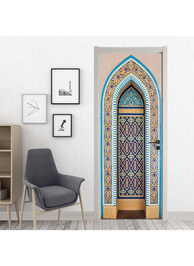 3D Door Stickers for Interior Doors Moroccan Style Ancient Water Fountain with Colorful Mosaic Tiles Vinyl Removable Self Adhesive Door Poster Wallpaper Mural Decals for Bedroom 77 x 200 cm