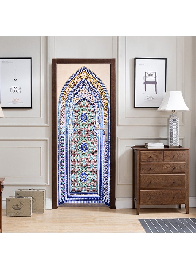 3D Door Stickers for Interior Doors Moroccan Style Ancient Water Fountain with Colorful Mosaic Tiles Vinyl Removable Self Adhesive Door Poster Wallpaper Mural Decals for Bedroom 77 x 200 cm