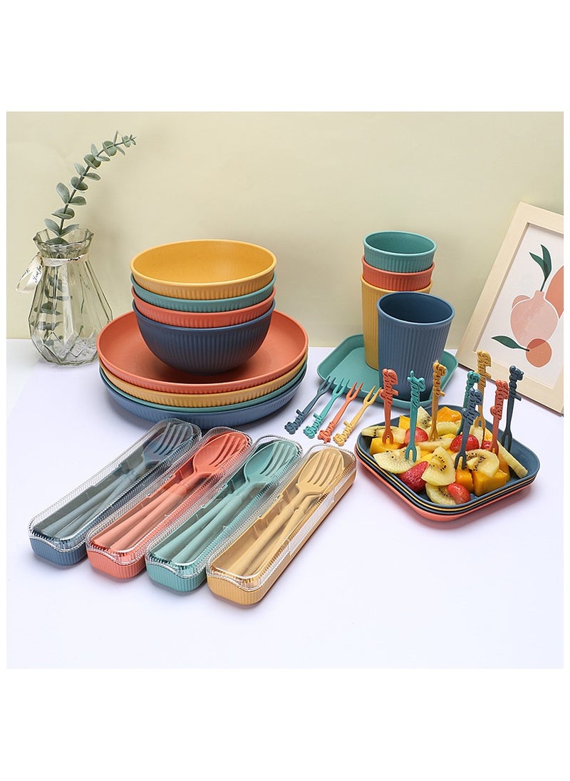 48 Pcs Wheat Straw Dinnerware Set, Plastic Dinnerware Set,Reusable Dinnerware Sets for 4 People,Lightweight Bowl Plate Cup Dishware for Kitchen, Outdoor Camping, Picnic, Office