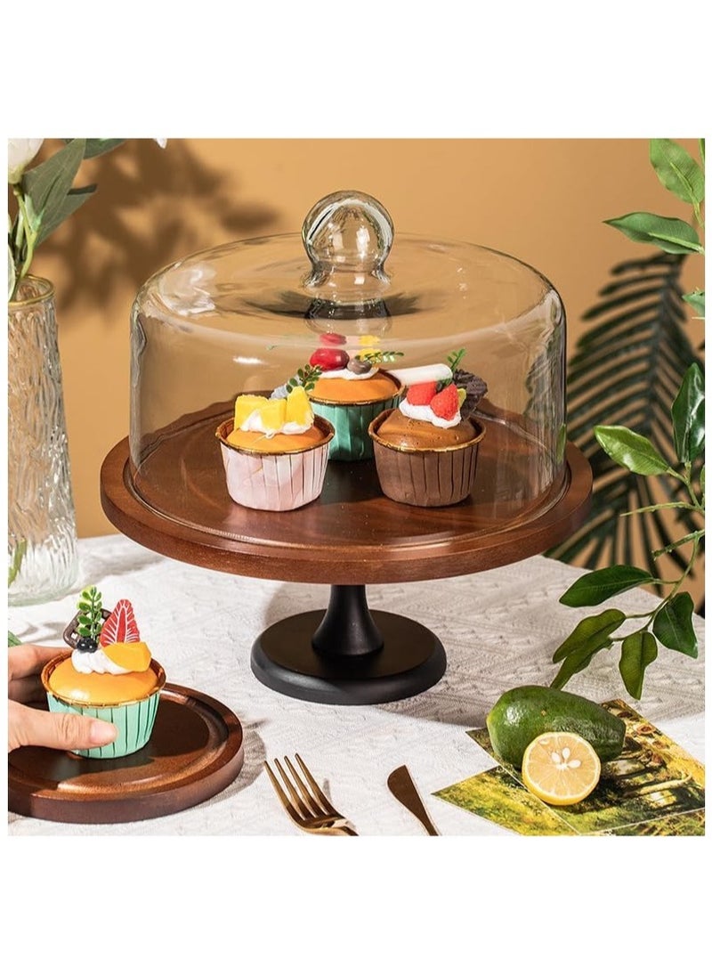 Premium Acacia Wood Cake Stand with Glass Cover – Stylish Cake Plate for Party & Wedding