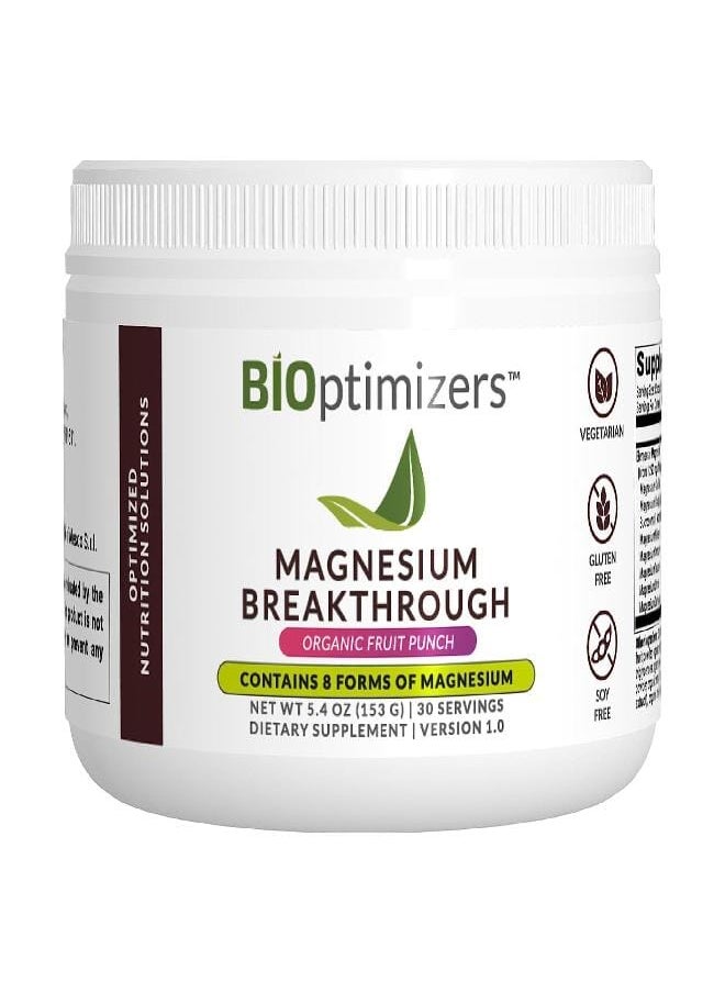 BiOptimizers Magnesium Breakthrough Drink Fruit Punch - 8 Forms of Magnesium: Glycinate, Malate, Citrate, and More - Natural Sleep and Brain Supplement - 5.4 oz (30 Servings)