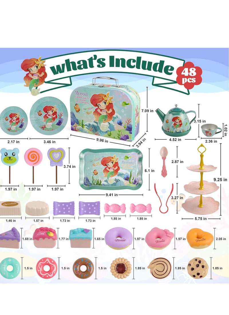 48-Piece Mermaid Tea Party Set for Little Girls, Pretend Tin Teapot Set Party Toys, Princess Tea Time Kitchen Play Toys for Birthday Gifts