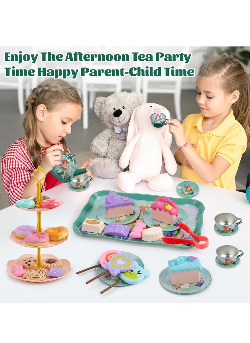 48-Piece Mermaid Tea Party Set for Little Girls, Pretend Tin Teapot Set Party Toys, Princess Tea Time Kitchen Play Toys for Birthday Gifts