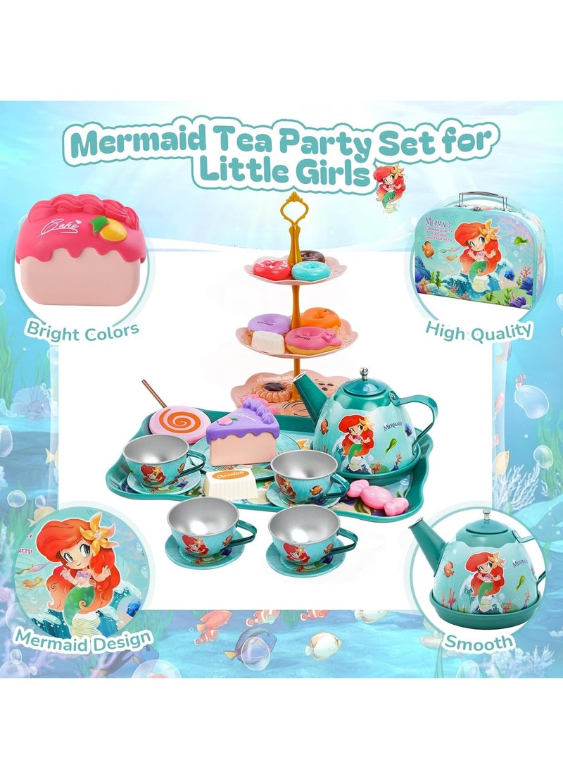 48-Piece Mermaid Tea Party Set for Little Girls, Pretend Tin Teapot Set Party Toys, Princess Tea Time Kitchen Play Toys for Birthday Gifts