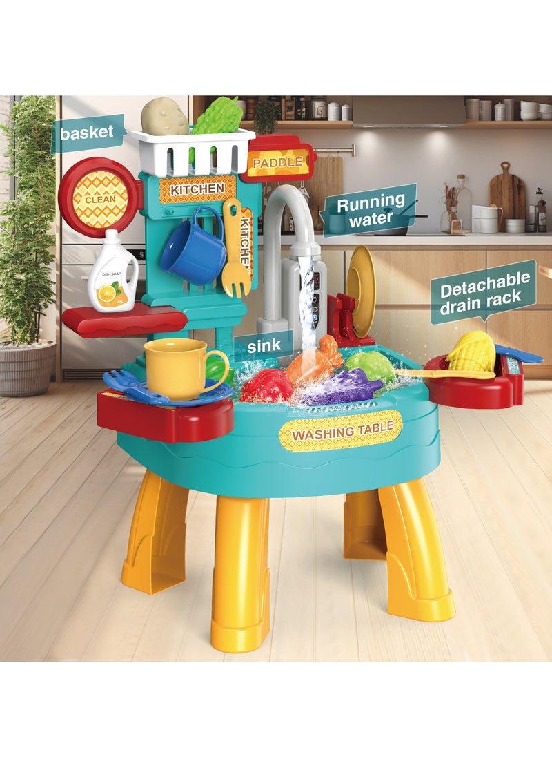 34 PCS Play Kitchen Water Table, Play Sink with Running Water, Toddler Toy Sink with Electric Faucet, Play Food u0026 Kitchen Accessories, Kids Role Play Indoor Outdoor Water Toys for Boys Girls Gifts
