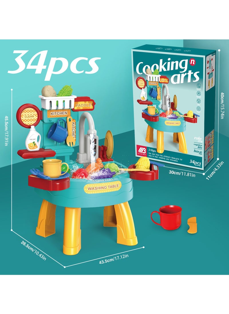 34 PCS Play Kitchen Water Table, Play Sink with Running Water, Toddler Toy Sink with Electric Faucet, Play Food u0026 Kitchen Accessories, Kids Role Play Indoor Outdoor Water Toys for Boys Girls Gifts