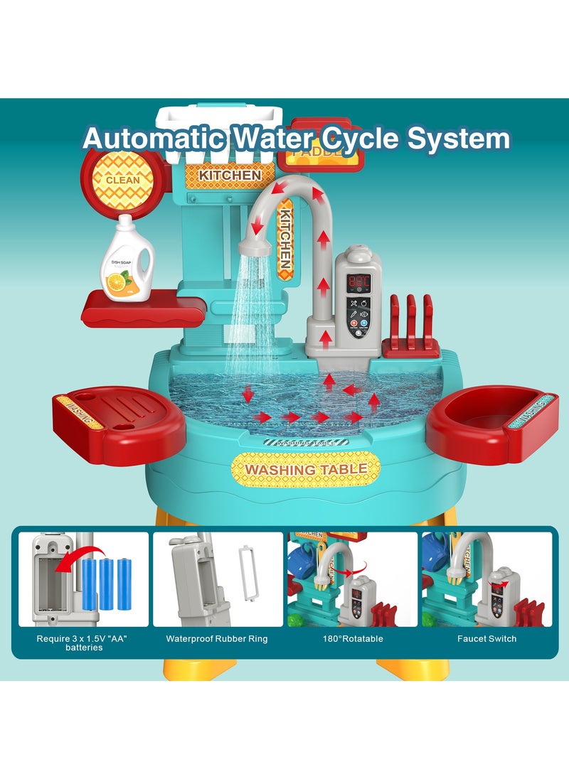 34 PCS Play Kitchen Water Table, Play Sink with Running Water, Toddler Toy Sink with Electric Faucet, Play Food u0026 Kitchen Accessories, Kids Role Play Indoor Outdoor Water Toys for Boys Girls Gifts
