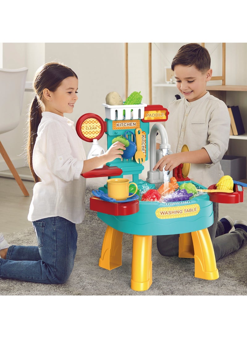 34 PCS Play Kitchen Water Table, Play Sink with Running Water, Toddler Toy Sink with Electric Faucet, Play Food u0026 Kitchen Accessories, Kids Role Play Indoor Outdoor Water Toys for Boys Girls Gifts