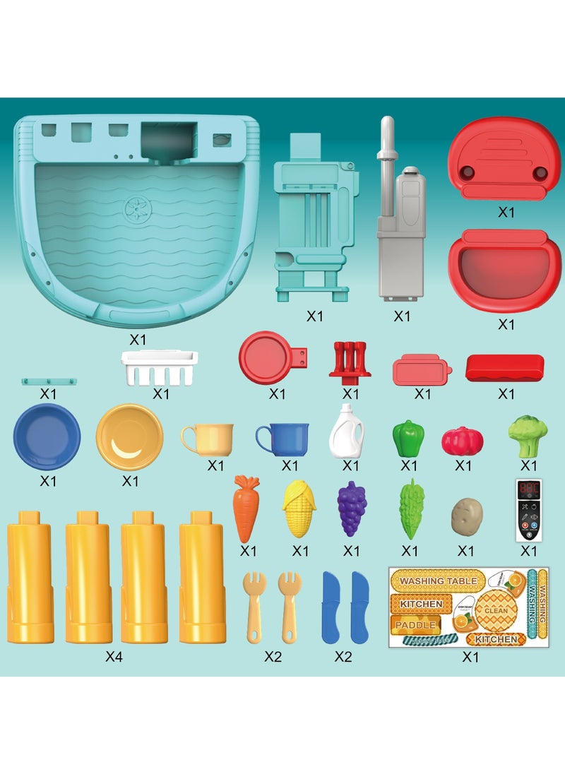 34 PCS Play Kitchen Water Table, Play Sink with Running Water, Toddler Toy Sink with Electric Faucet, Play Food u0026 Kitchen Accessories, Kids Role Play Indoor Outdoor Water Toys for Boys Girls Gifts
