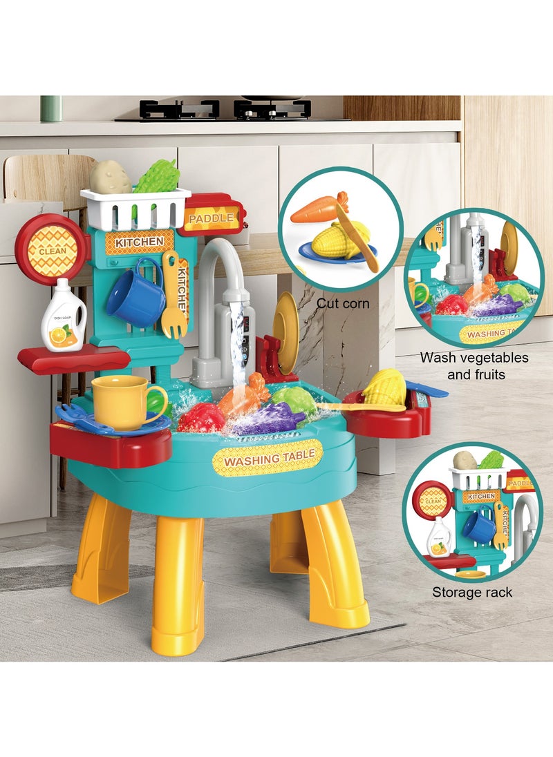 34 PCS Play Kitchen Water Table, Play Sink with Running Water, Toddler Toy Sink with Electric Faucet, Play Food u0026 Kitchen Accessories, Kids Role Play Indoor Outdoor Water Toys for Boys Girls Gifts