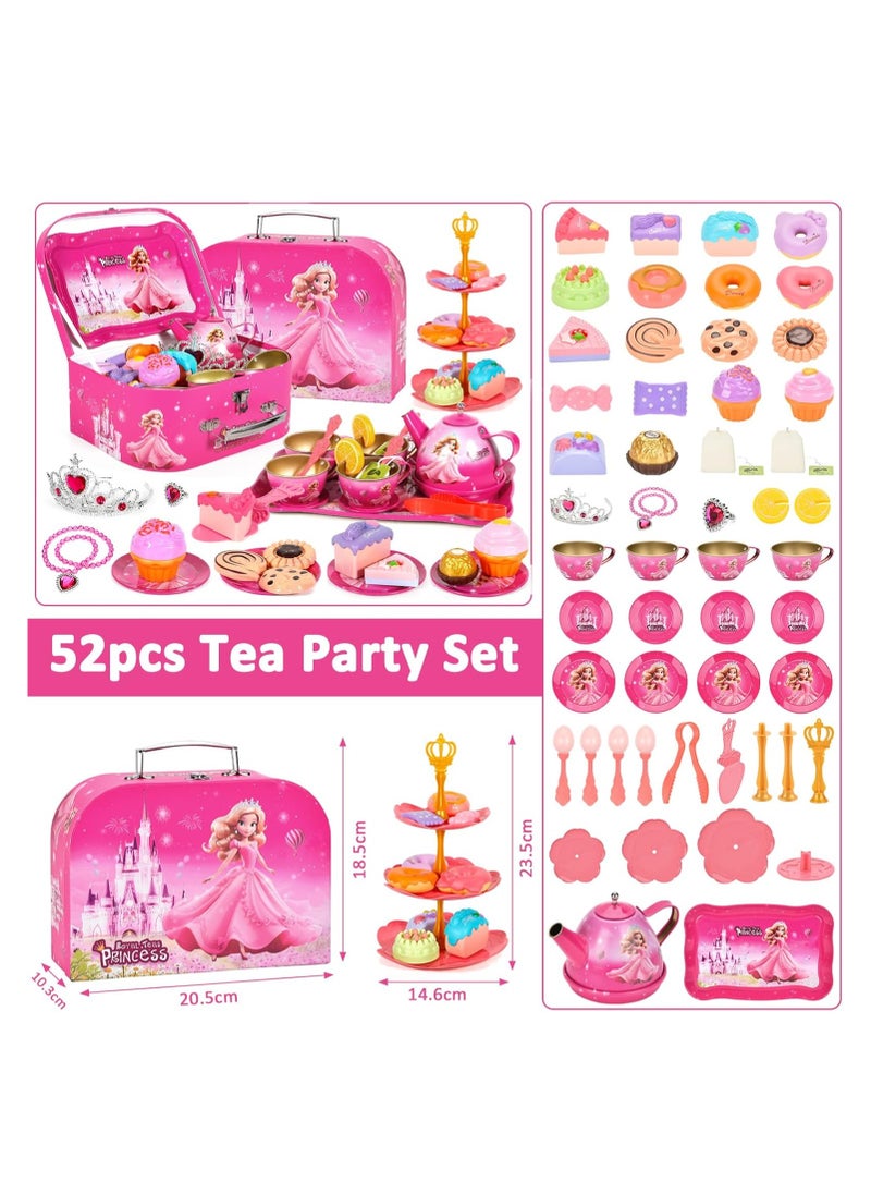 52-Piece Tea Party Set for Little Girls, Pretend Tin Teapot Set, Princess Tea Time Play Kitchen Toy with Cups, Plates and Accessories for Birthday Gifts