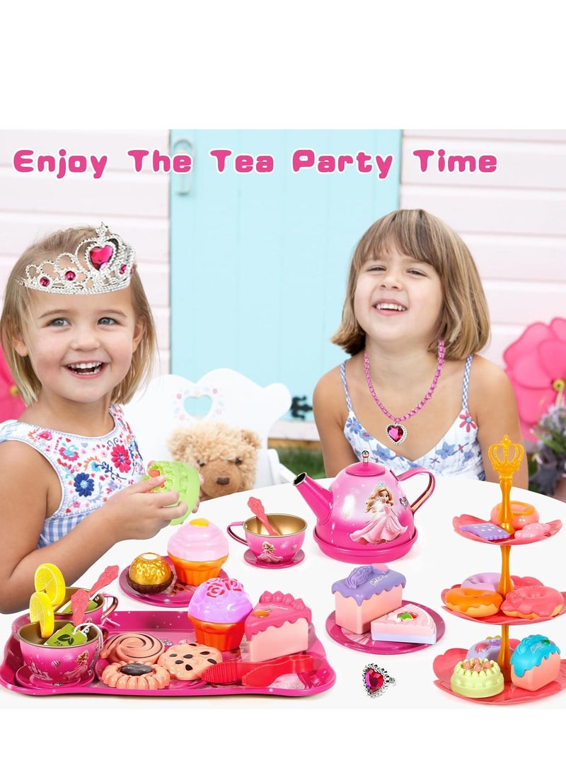 52-Piece Tea Party Set for Little Girls, Pretend Tin Teapot Set, Princess Tea Time Play Kitchen Toy with Cups, Plates and Accessories for Birthday Gifts