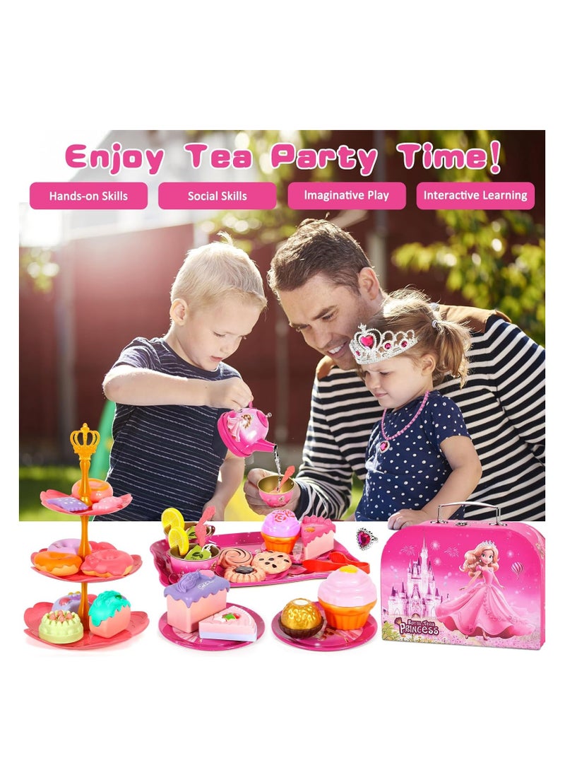 52-Piece Tea Party Set for Little Girls, Pretend Tin Teapot Set, Princess Tea Time Play Kitchen Toy with Cups, Plates and Accessories for Birthday Gifts