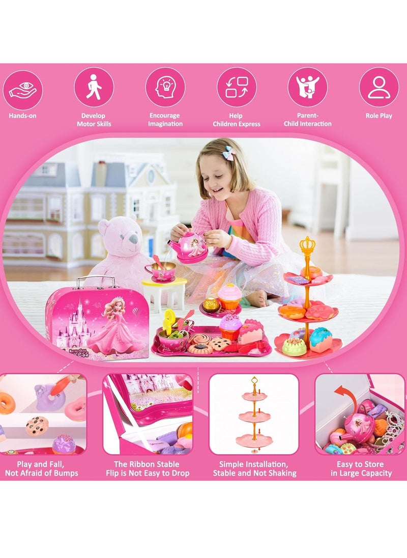 52-Piece Tea Party Set for Little Girls, Pretend Tin Teapot Set, Princess Tea Time Play Kitchen Toy with Cups, Plates and Accessories for Birthday Gifts