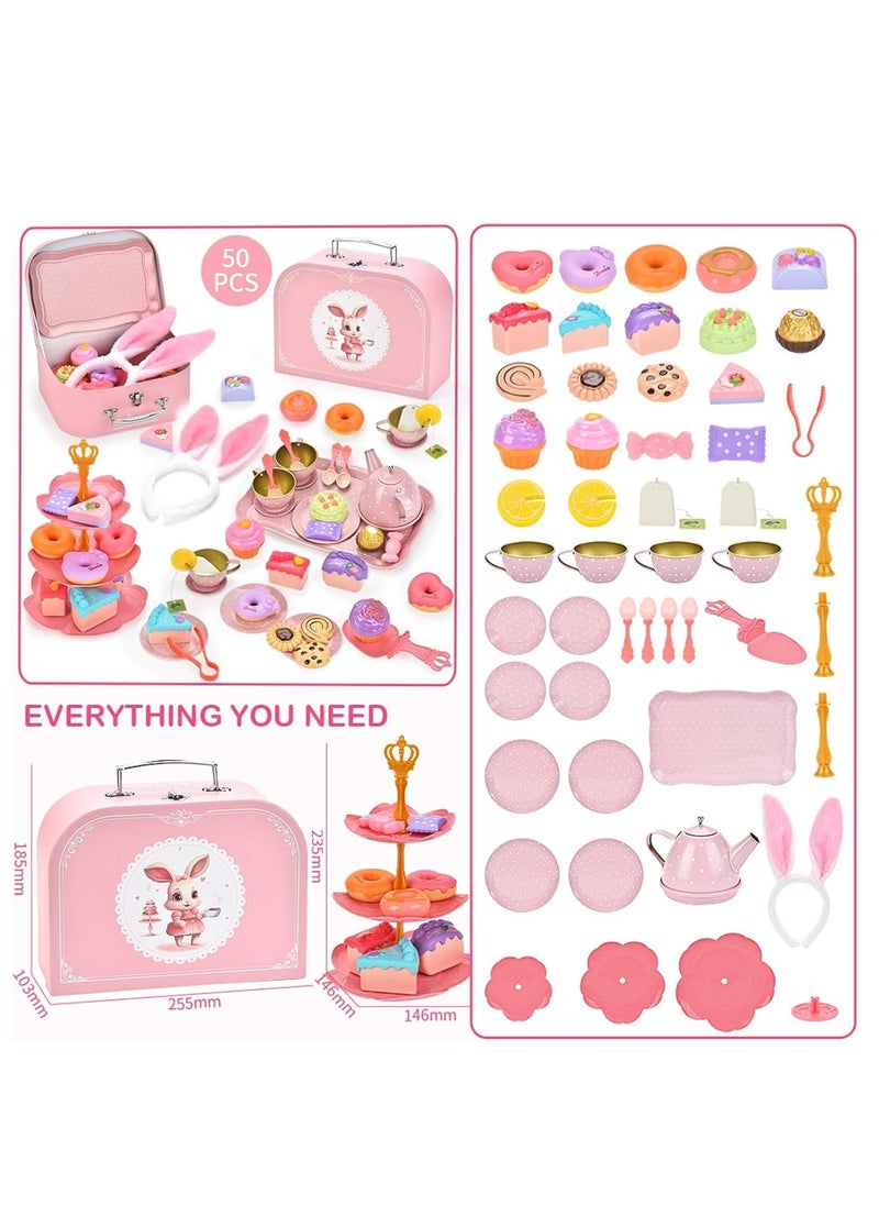 50-Pieces Rabbit Tea Party Set for Little Girls, Pretend Tin Teapot Set, Princess Tea Time Play Kitchen Toy with Cups, Plates and Carrying Case for Birthday Gifts