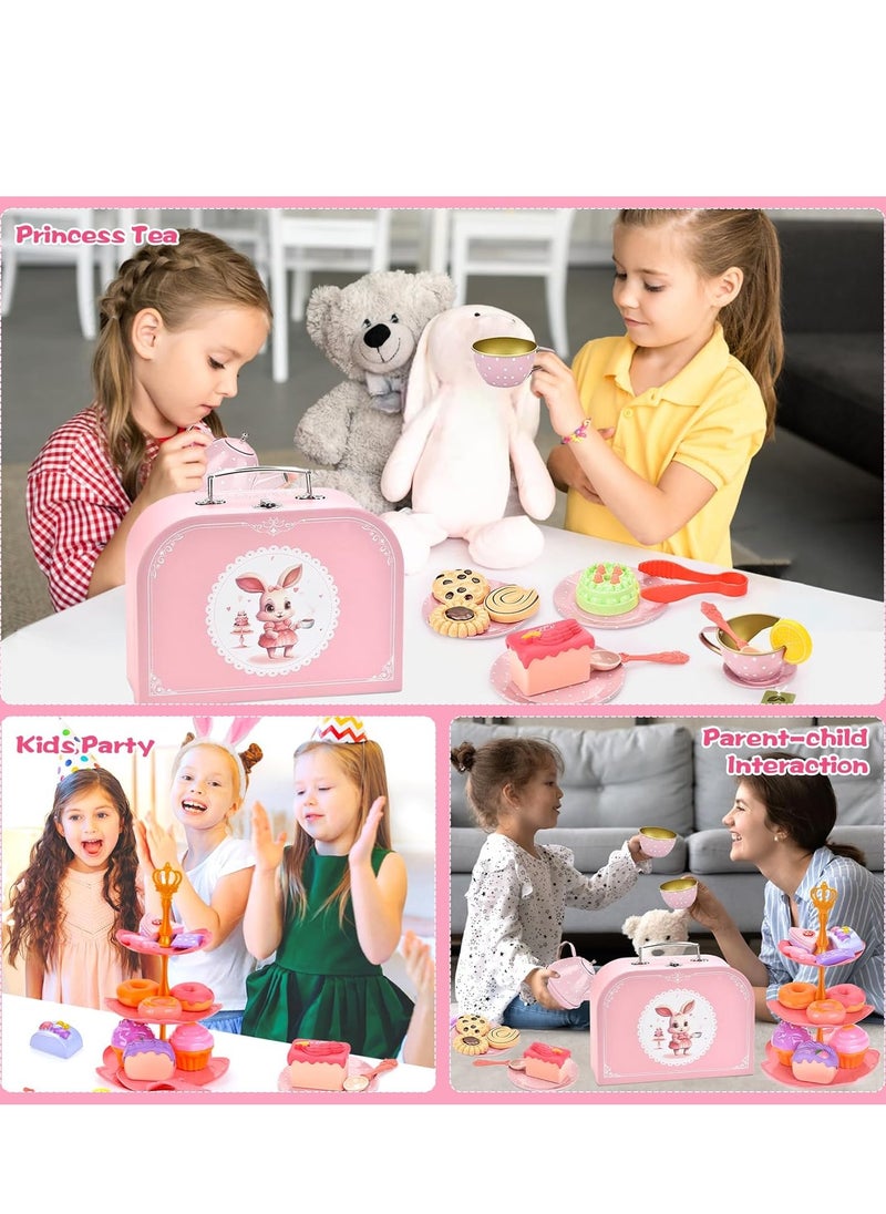 50-Pieces Rabbit Tea Party Set for Little Girls, Pretend Tin Teapot Set, Princess Tea Time Play Kitchen Toy with Cups, Plates and Carrying Case for Birthday Gifts