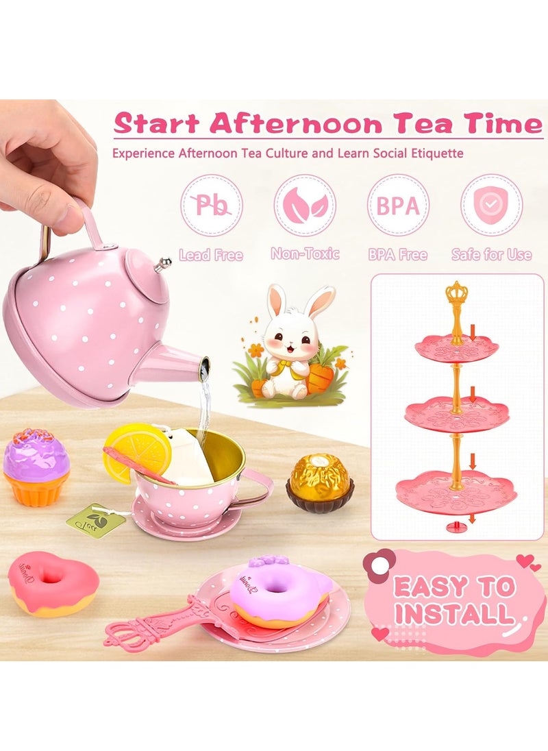 50-Pieces Rabbit Tea Party Set for Little Girls, Pretend Tin Teapot Set, Princess Tea Time Play Kitchen Toy with Cups, Plates and Carrying Case for Birthday Gifts