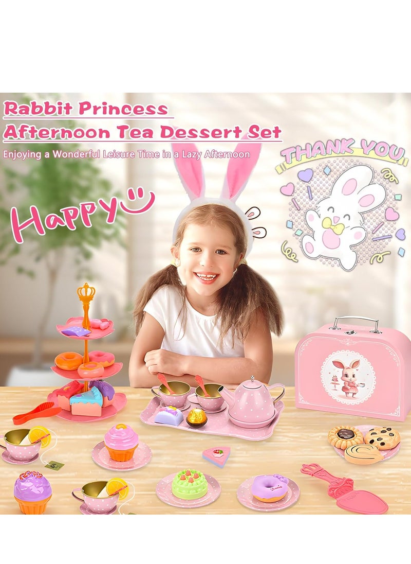 50-Pieces Rabbit Tea Party Set for Little Girls, Pretend Tin Teapot Set, Princess Tea Time Play Kitchen Toy with Cups, Plates and Carrying Case for Birthday Gifts