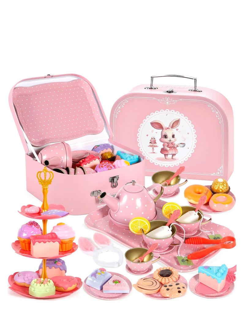 50-Pieces Rabbit Tea Party Set for Little Girls, Pretend Tin Teapot Set, Princess Tea Time Play Kitchen Toy with Cups, Plates and Carrying Case for Birthday Gifts