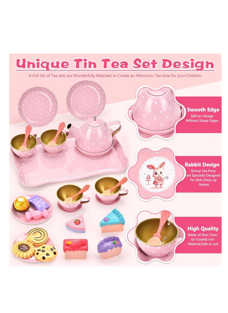 50-Pieces Rabbit Tea Party Set for Little Girls, Pretend Tin Teapot Set, Princess Tea Time Play Kitchen Toy with Cups, Plates and Carrying Case for Birthday Gifts