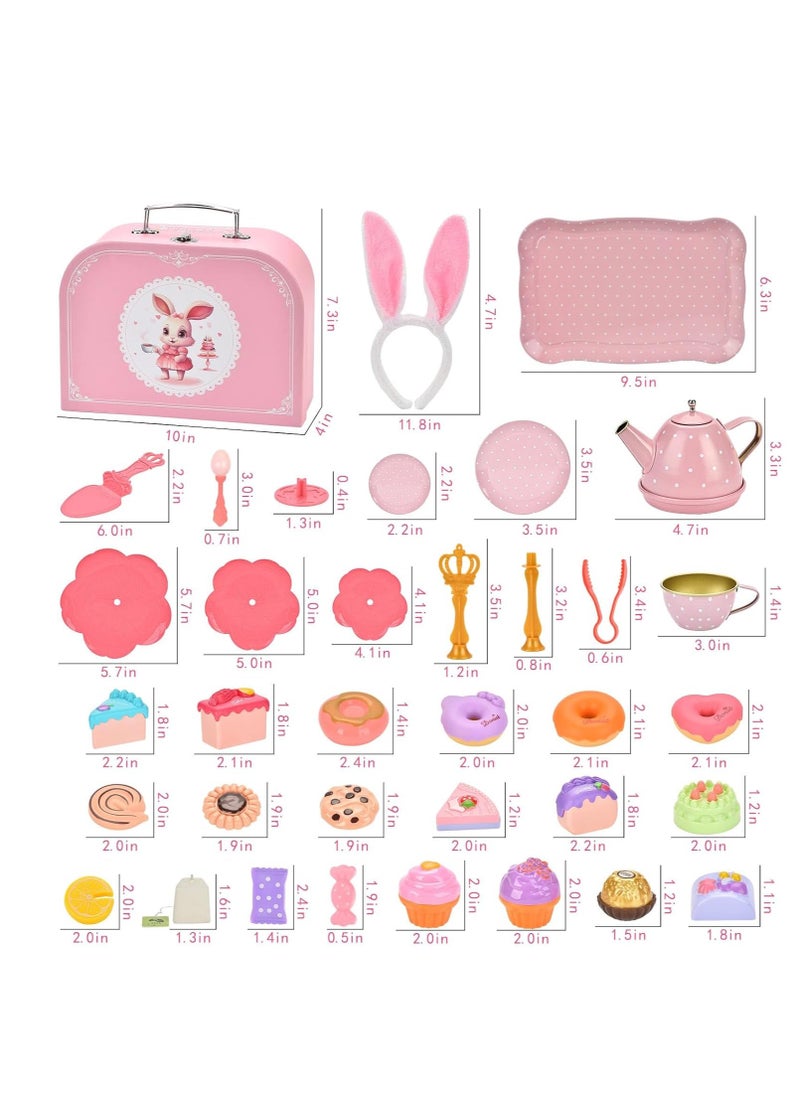 50-Pieces Rabbit Tea Party Set for Little Girls, Pretend Tin Teapot Set, Princess Tea Time Play Kitchen Toy with Cups, Plates and Carrying Case for Birthday Gifts