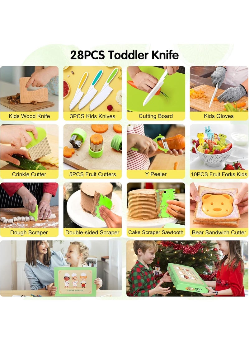 28-Pieces Kitchen Knife Set for Kids, Kitchen Knife Set with Gloves Cutting Board Crinkle Cutters Safe Knives, Toddlers Kitchen Tools for Real Cooking