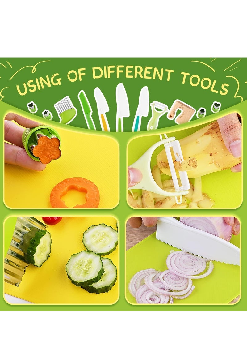 13-Pieces Kitchen Knife Set for Kids, Kitchen Knife Set with Cutting Boards Crinkle Cutter Peeler Safe Knives, Toddlers Kitchen Tools for Real Cooking