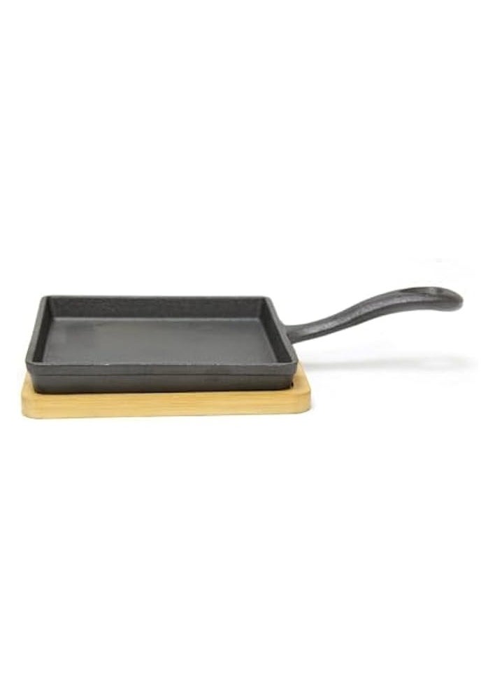 Cast Iron Mini Square Skillet with Wooden Sizzler Plate, 13cm - Perfect for Sizzling, Grilling, and Serving