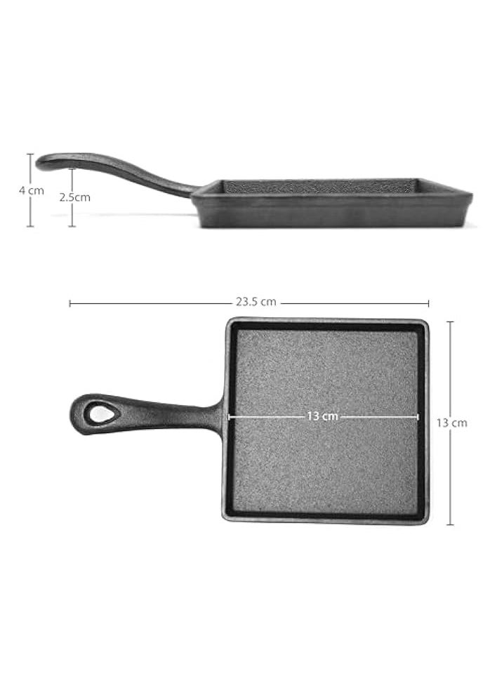 Cast Iron Mini Square Skillet with Wooden Sizzler Plate, 13cm - Perfect for Sizzling, Grilling, and Serving