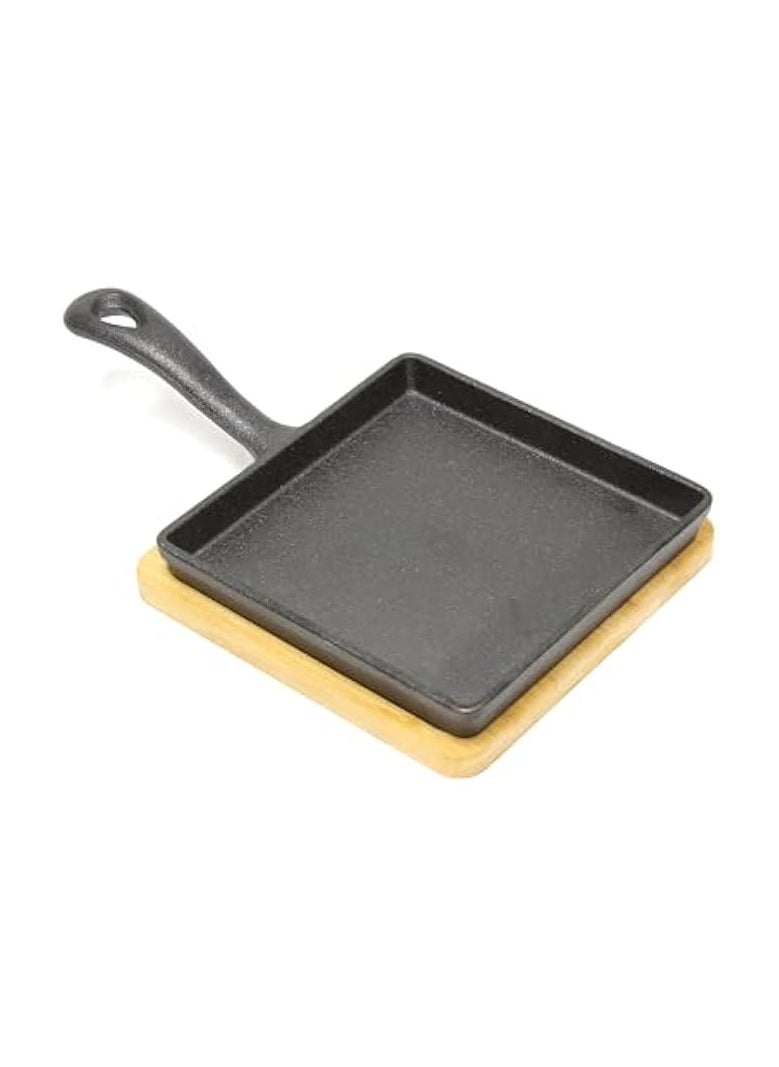 Cast Iron Mini Square Skillet with Wooden Sizzler Plate, 13cm - Perfect for Sizzling, Grilling, and Serving