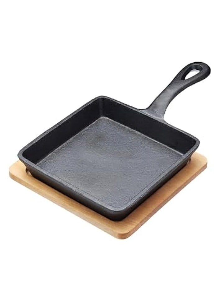 Cast Iron Mini Square Skillet with Wooden Sizzler Plate, 13cm - Perfect for Sizzling, Grilling, and Serving